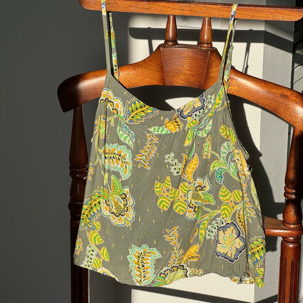 Aerie Floral Paisley Cami Tank Top XS Olive Green Metallic Lurex Boho Festival